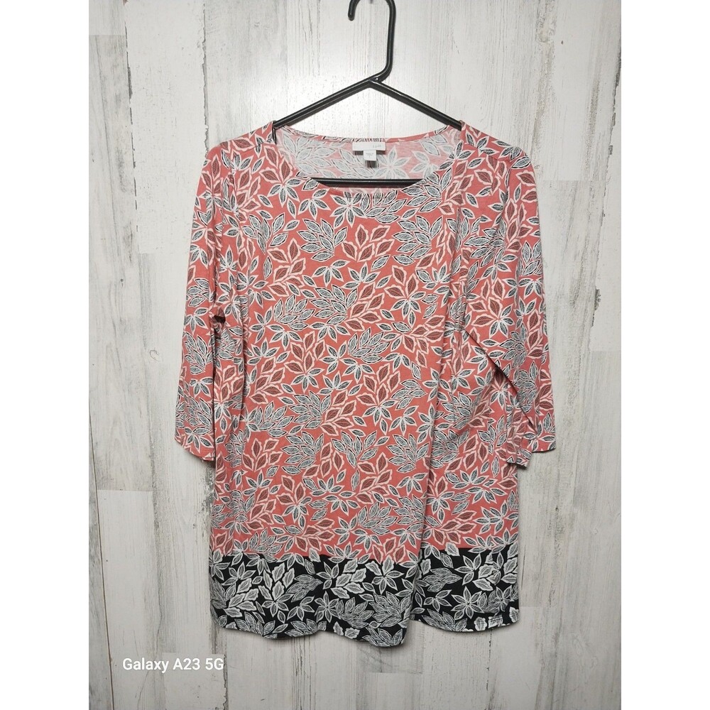 J. Jill Womens Blouse Pink Black Floral 3/4 Sleeve Jewel Neck Large